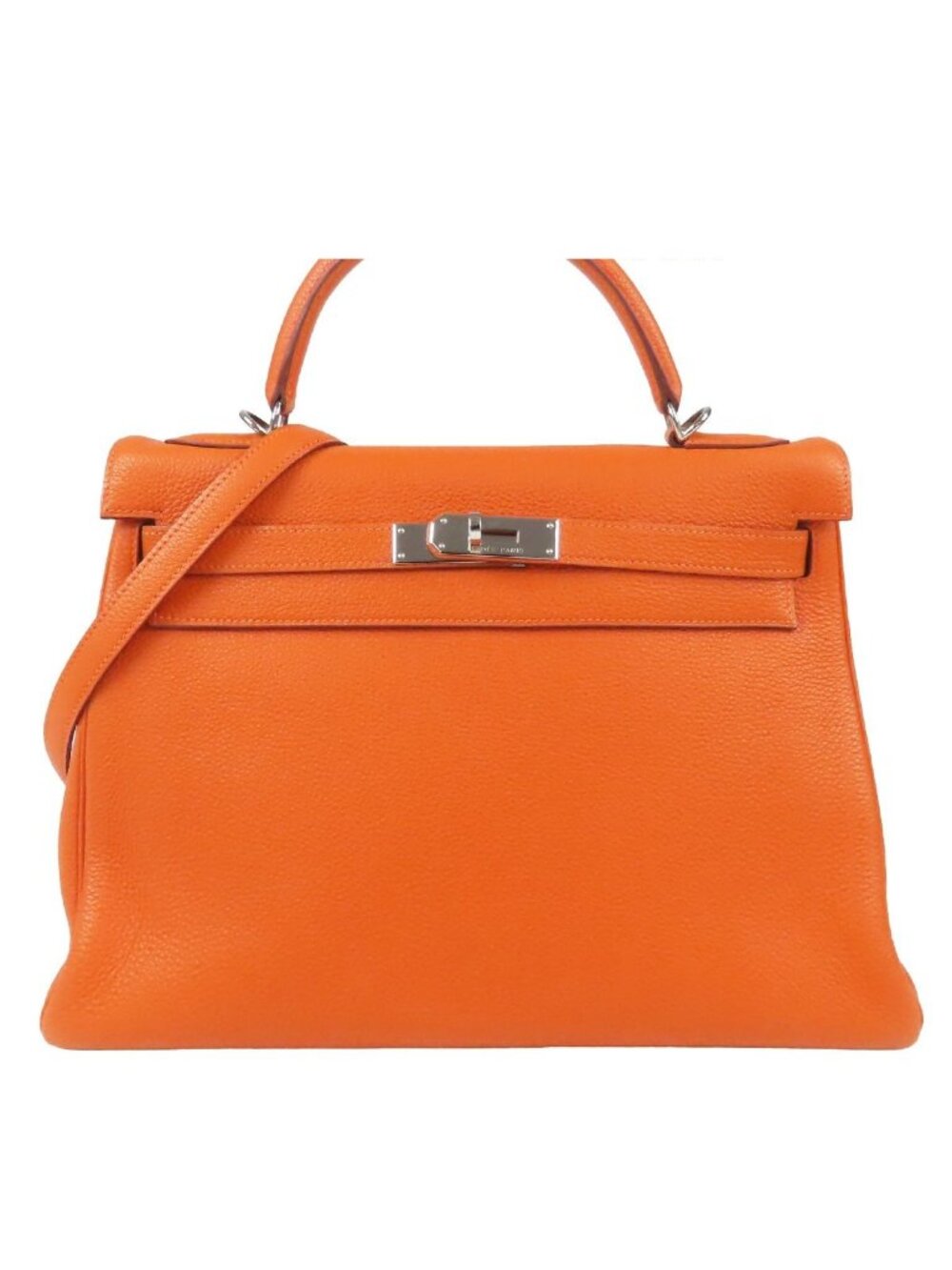 Hermes Kelly 32 Orange Silver Togo Retourne 2-Way Shoulder Bag